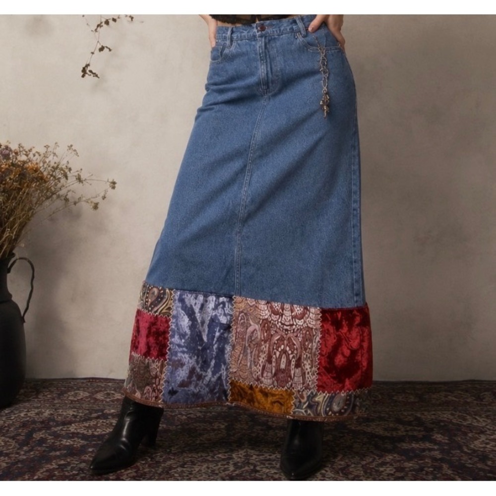 VTG Ruby Rd Denim Maxi Skirt Women Size 12 Patchwork Velvet Boho Whimsigoth
